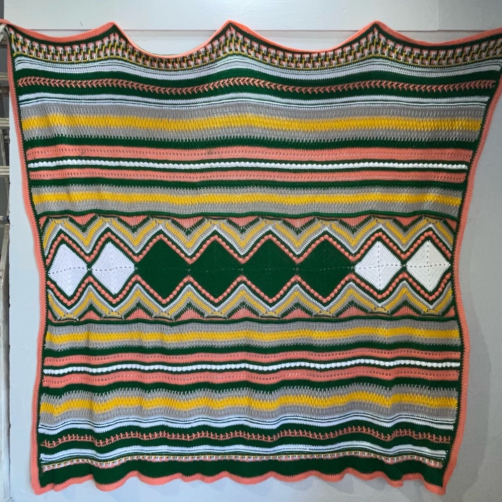 Large vintage hand knit crochet blanket